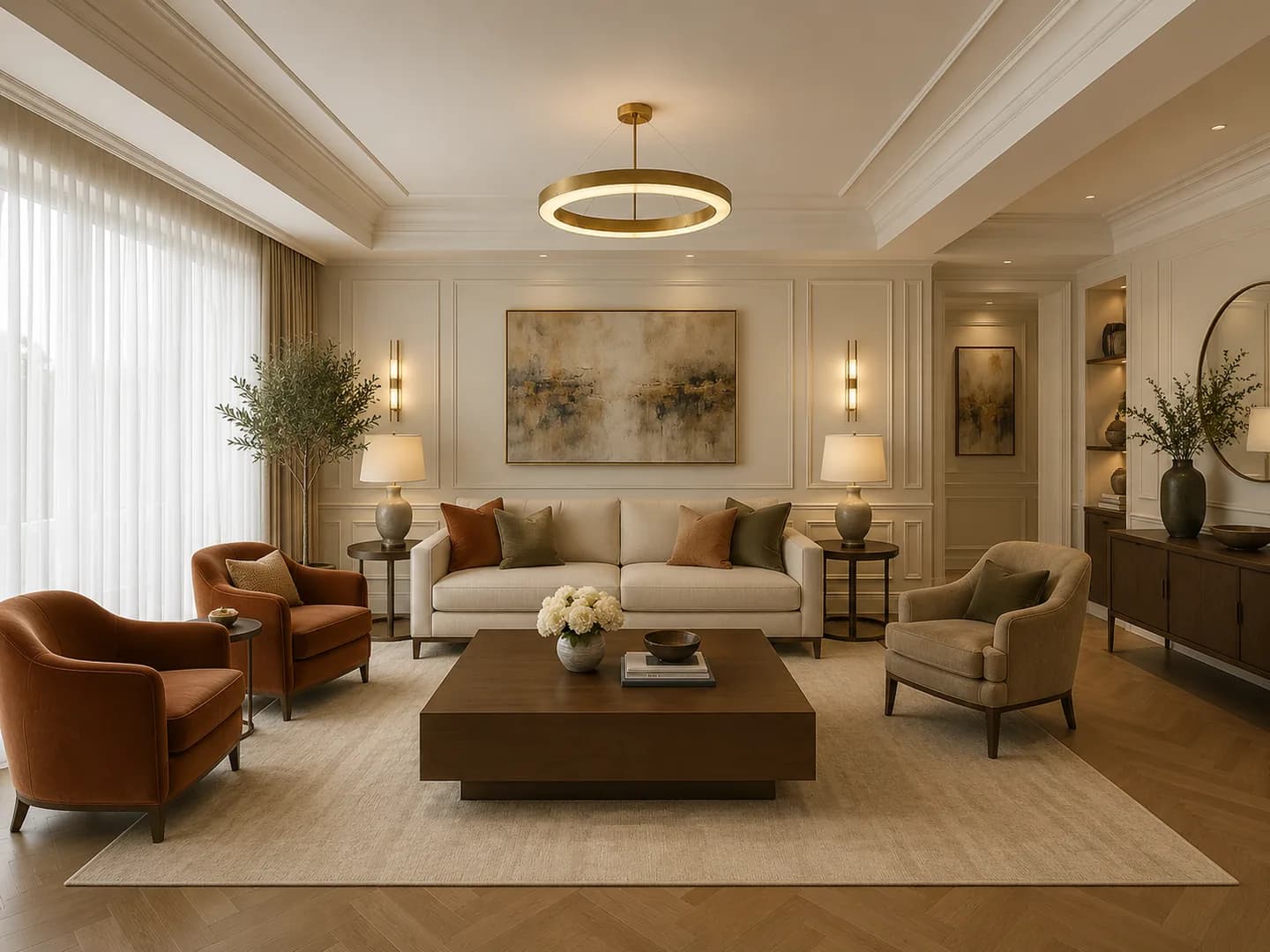 Photorealistic designed living room with layered furniture, warm lighting, and polished interior styling
